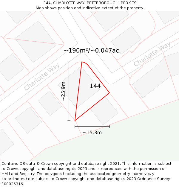 144, CHARLOTTE WAY, PETERBOROUGH, PE3 9ES: Plot and title map