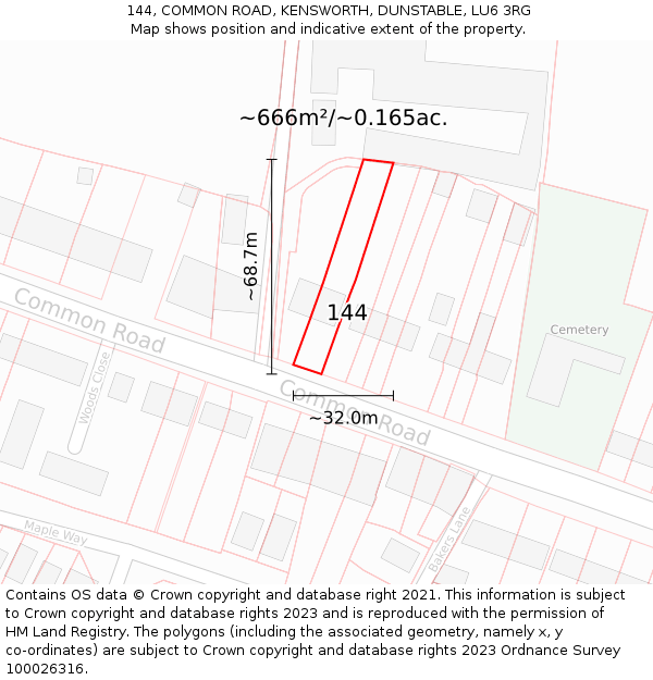 144, COMMON ROAD, KENSWORTH, DUNSTABLE, LU6 3RG: Plot and title map