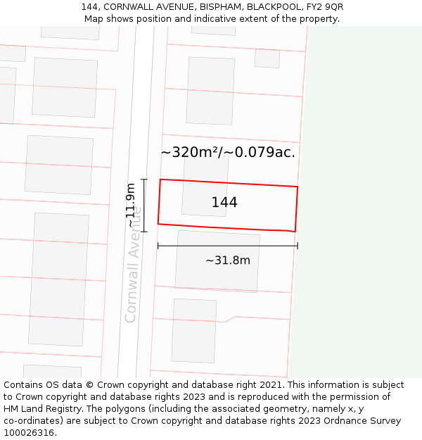 144, CORNWALL AVENUE, BISPHAM, BLACKPOOL, FY2 9QR: Plot and title map