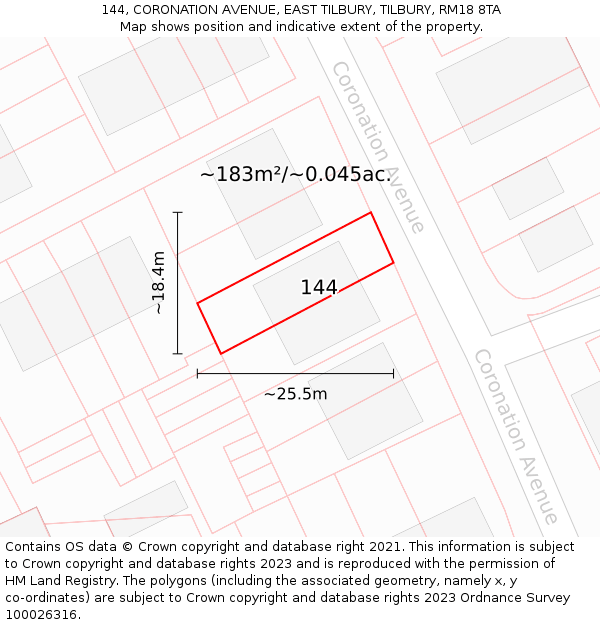 144, CORONATION AVENUE, EAST TILBURY, TILBURY, RM18 8TA: Plot and title map