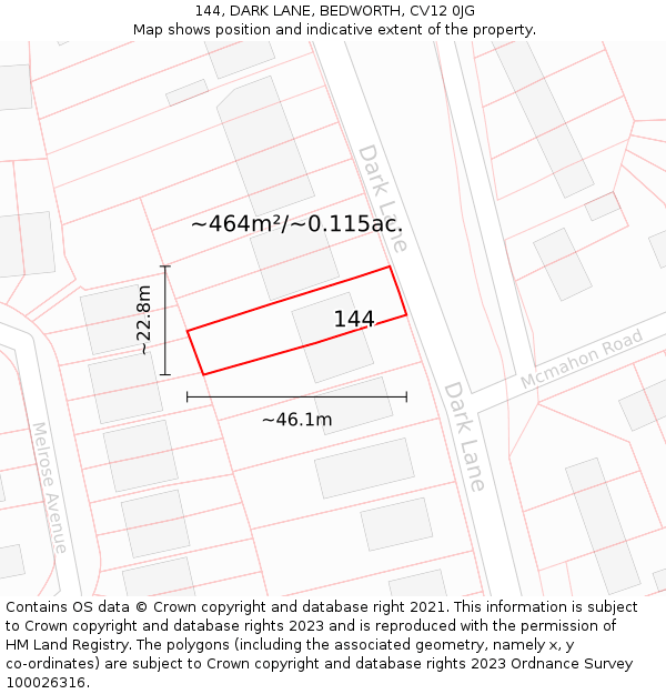 144, DARK LANE, BEDWORTH, CV12 0JG: Plot and title map