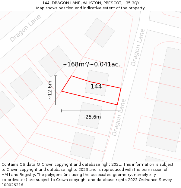 144, DRAGON LANE, WHISTON, PRESCOT, L35 3QY: Plot and title map