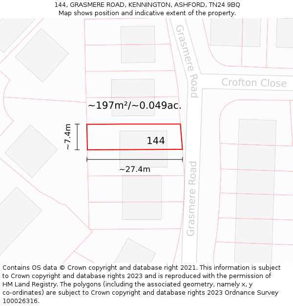 144, GRASMERE ROAD, KENNINGTON, ASHFORD, TN24 9BQ: Plot and title map