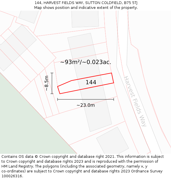 144, HARVEST FIELDS WAY, SUTTON COLDFIELD, B75 5TJ: Plot and title map