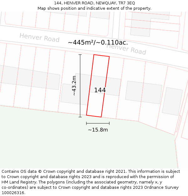 144, HENVER ROAD, NEWQUAY, TR7 3EQ: Plot and title map