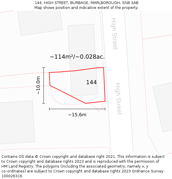 144, HIGH STREET, BURBAGE, MARLBOROUGH, SN8 3AB: Plot and title map