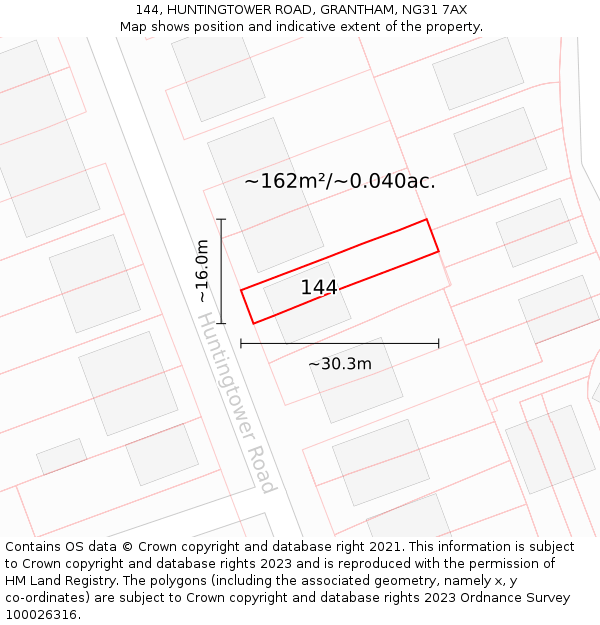 144, HUNTINGTOWER ROAD, GRANTHAM, NG31 7AX: Plot and title map