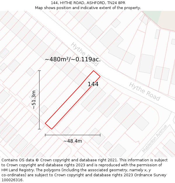 144, HYTHE ROAD, ASHFORD, TN24 8PR: Plot and title map