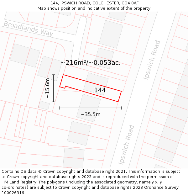 144, IPSWICH ROAD, COLCHESTER, CO4 0AF: Plot and title map