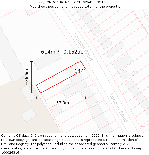 144, LONDON ROAD, BIGGLESWADE, SG18 8EH: Plot and title map