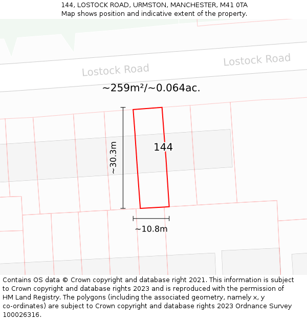 144, LOSTOCK ROAD, URMSTON, MANCHESTER, M41 0TA: Plot and title map