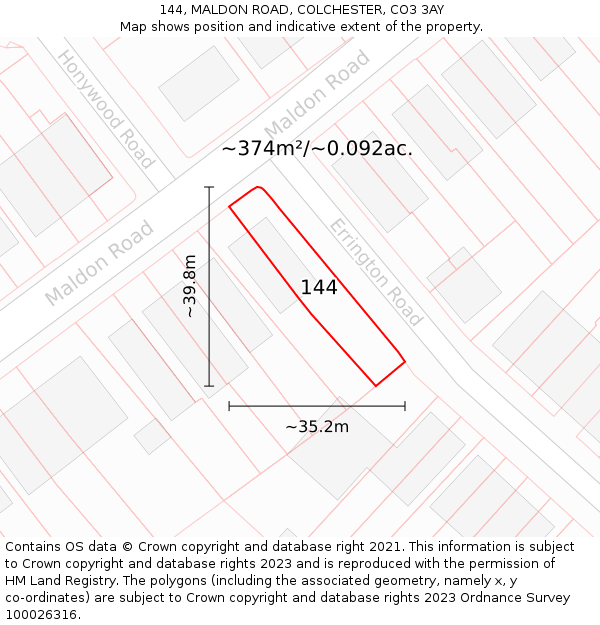 144, MALDON ROAD, COLCHESTER, CO3 3AY: Plot and title map