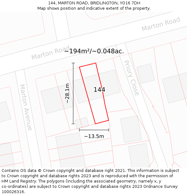 144, MARTON ROAD, BRIDLINGTON, YO16 7DH: Plot and title map