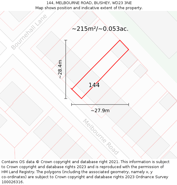 144, MELBOURNE ROAD, BUSHEY, WD23 3NE: Plot and title map