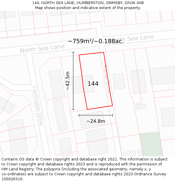 144, NORTH SEA LANE, HUMBERSTON, GRIMSBY, DN36 4XB: Plot and title map