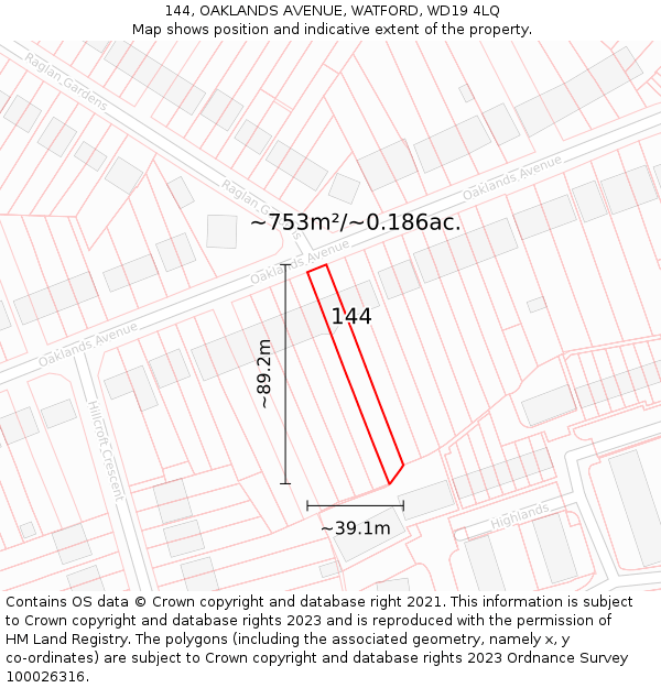 144, OAKLANDS AVENUE, WATFORD, WD19 4LQ: Plot and title map