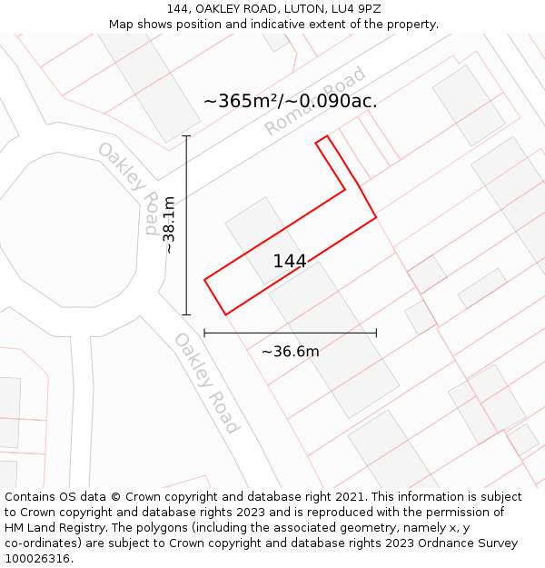 144, OAKLEY ROAD, LUTON, LU4 9PZ: Plot and title map