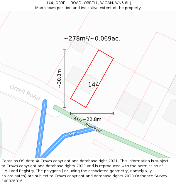 144, ORRELL ROAD, ORRELL, WIGAN, WN5 8HJ: Plot and title map