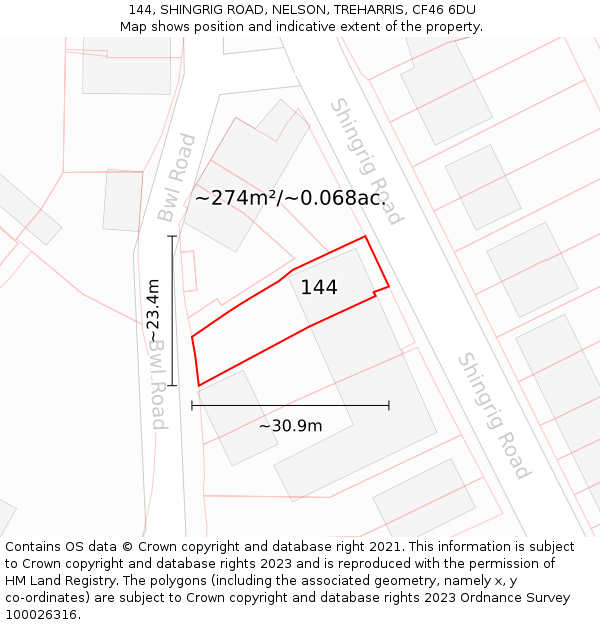 144, SHINGRIG ROAD, NELSON, TREHARRIS, CF46 6DU: Plot and title map