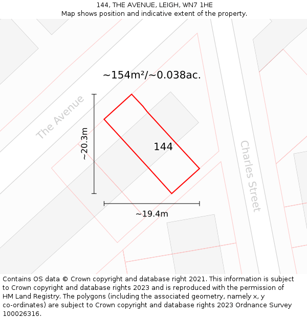 144, THE AVENUE, LEIGH, WN7 1HE: Plot and title map