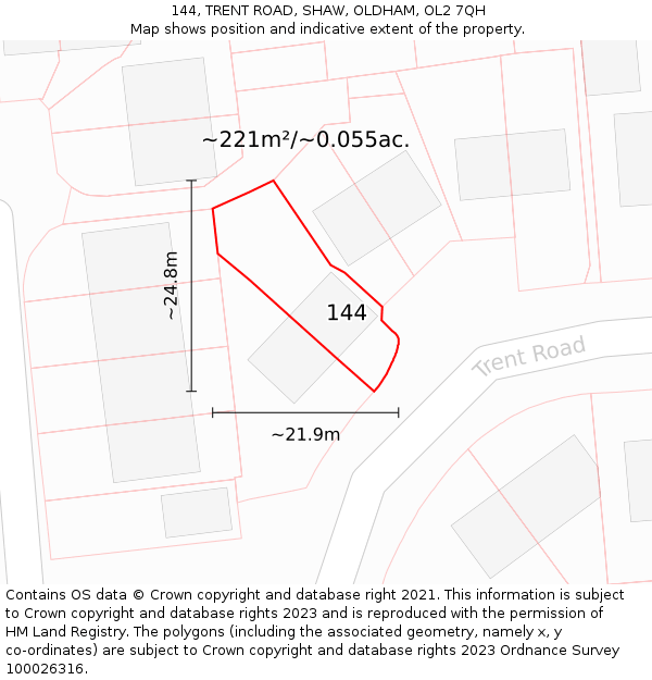 144, TRENT ROAD, SHAW, OLDHAM, OL2 7QH: Plot and title map