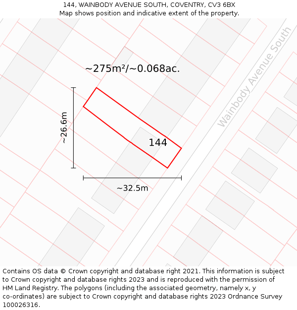 144, WAINBODY AVENUE SOUTH, COVENTRY, CV3 6BX: Plot and title map