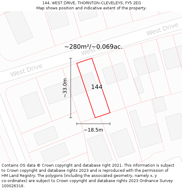 144, WEST DRIVE, THORNTON-CLEVELEYS, FY5 2EG: Plot and title map