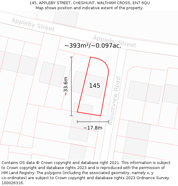 145, APPLEBY STREET, CHESHUNT, WALTHAM CROSS, EN7 6QU: Plot and title map