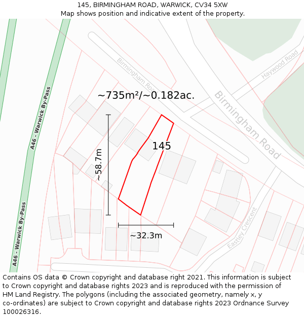 145, BIRMINGHAM ROAD, WARWICK, CV34 5XW: Plot and title map