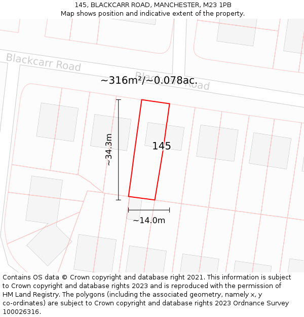 145, BLACKCARR ROAD, MANCHESTER, M23 1PB: Plot and title map