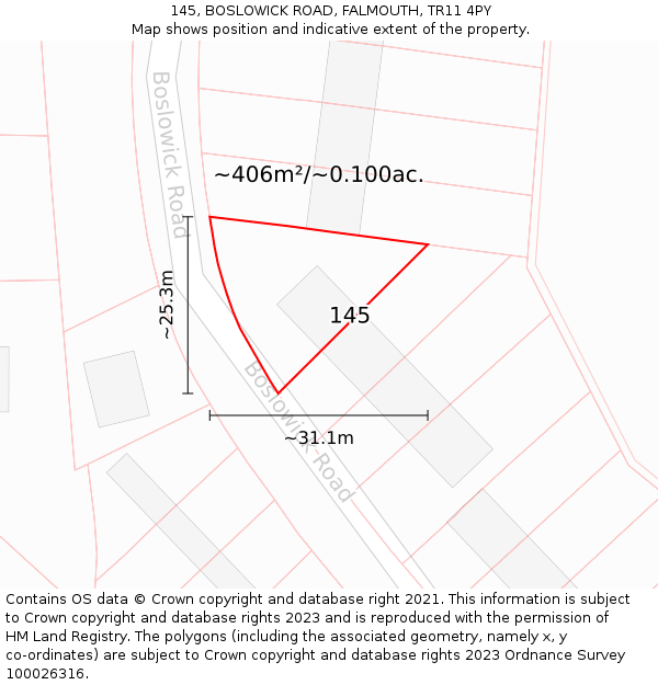 145, BOSLOWICK ROAD, FALMOUTH, TR11 4PY: Plot and title map