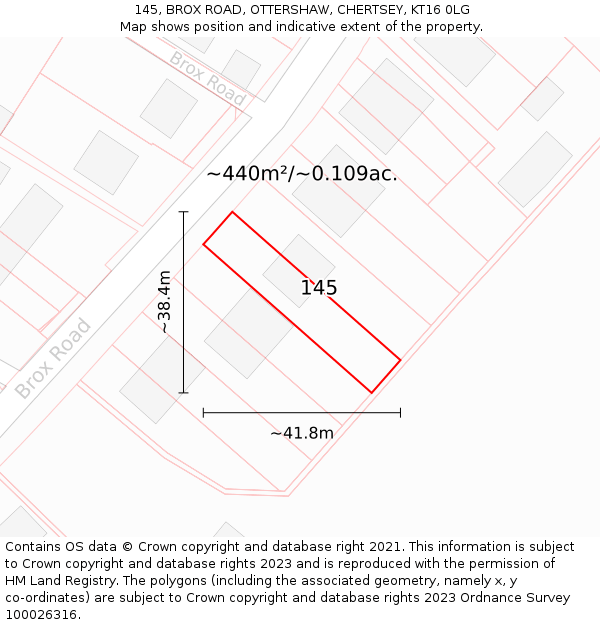 145, BROX ROAD, OTTERSHAW, CHERTSEY, KT16 0LG: Plot and title map