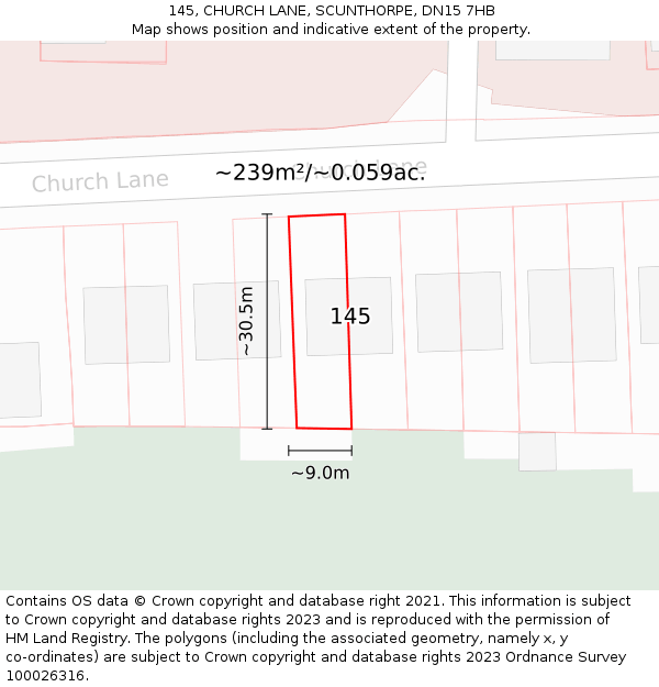 145, CHURCH LANE, SCUNTHORPE, DN15 7HB: Plot and title map