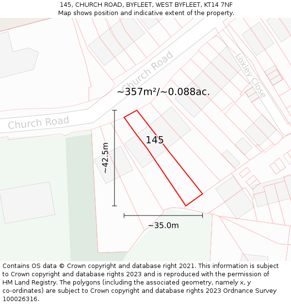 145, CHURCH ROAD, BYFLEET, WEST BYFLEET, KT14 7NF: Plot and title map