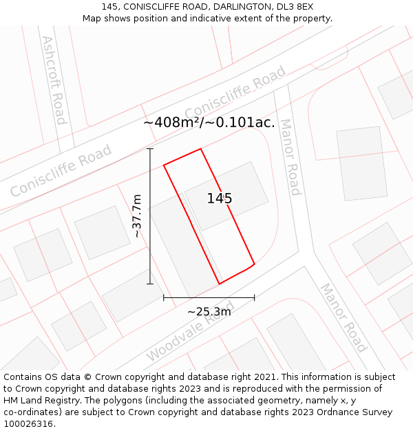 145, CONISCLIFFE ROAD, DARLINGTON, DL3 8EX: Plot and title map