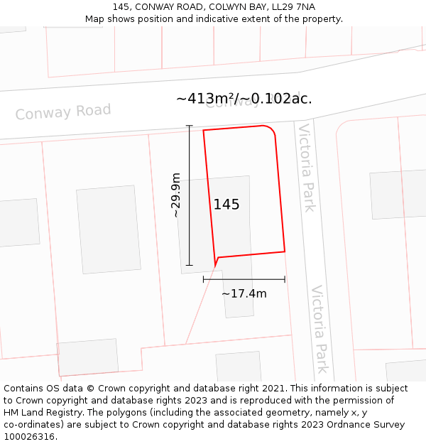 145, CONWAY ROAD, COLWYN BAY, LL29 7NA: Plot and title map