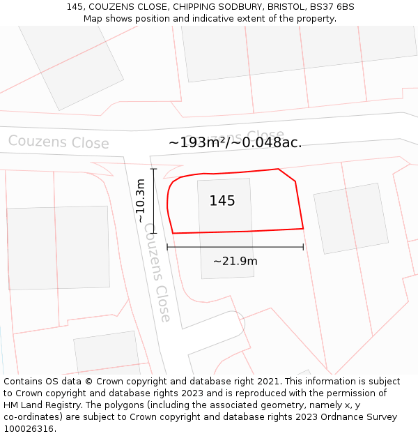 145, COUZENS CLOSE, CHIPPING SODBURY, BRISTOL, BS37 6BS: Plot and title map