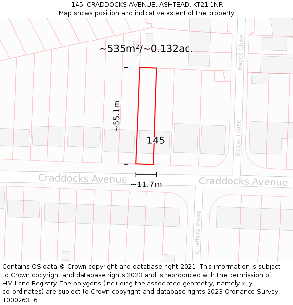 145, CRADDOCKS AVENUE, ASHTEAD, KT21 1NR: Plot and title map