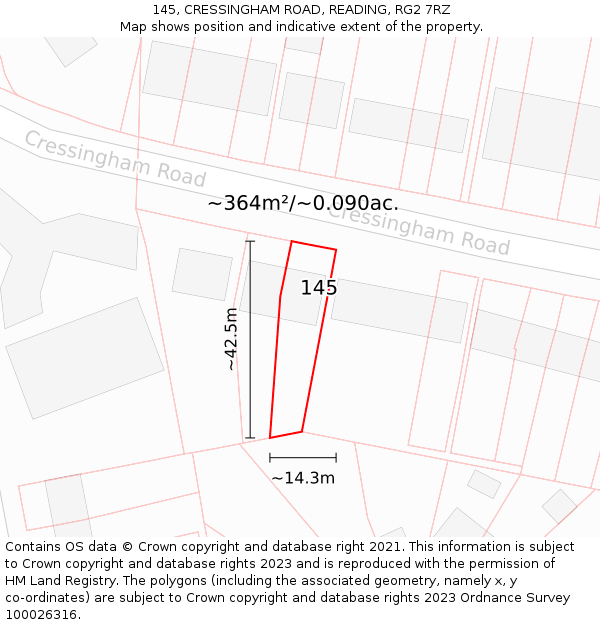 145, CRESSINGHAM ROAD, READING, RG2 7RZ: Plot and title map