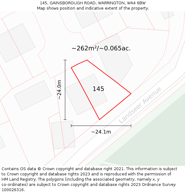 145, GAINSBOROUGH ROAD, WARRINGTON, WA4 6BW: Plot and title map