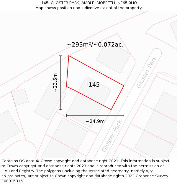 145, GLOSTER PARK, AMBLE, MORPETH, NE65 0HQ: Plot and title map