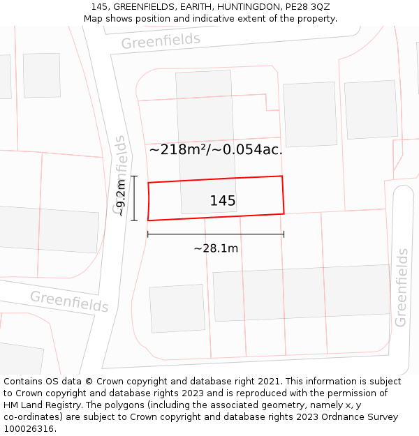 145, GREENFIELDS, EARITH, HUNTINGDON, PE28 3QZ: Plot and title map