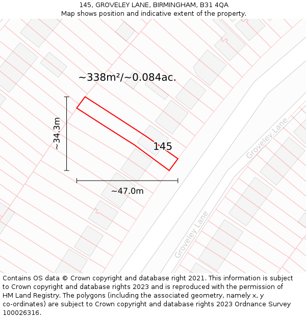 145, GROVELEY LANE, BIRMINGHAM, B31 4QA: Plot and title map