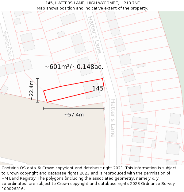 145, HATTERS LANE, HIGH WYCOMBE, HP13 7NF: Plot and title map