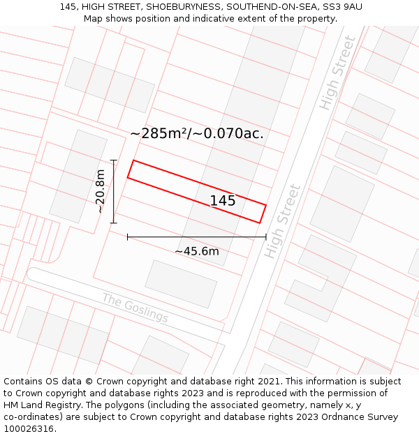 145, HIGH STREET, SHOEBURYNESS, SOUTHEND-ON-SEA, SS3 9AU: Plot and title map