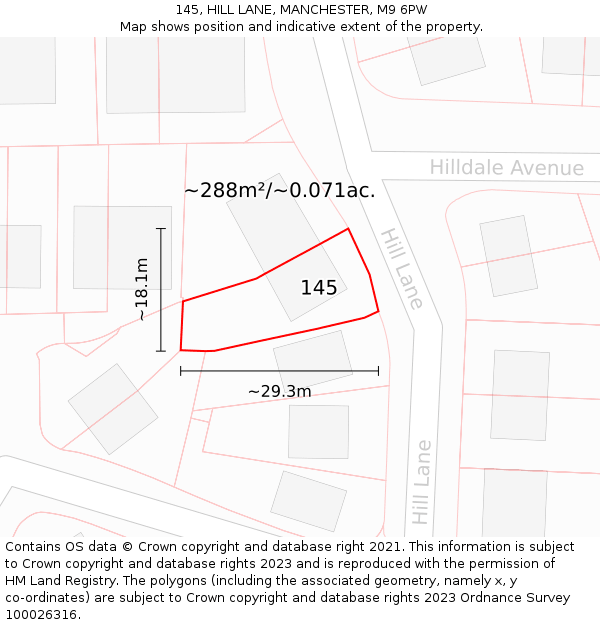 145, HILL LANE, MANCHESTER, M9 6PW: Plot and title map