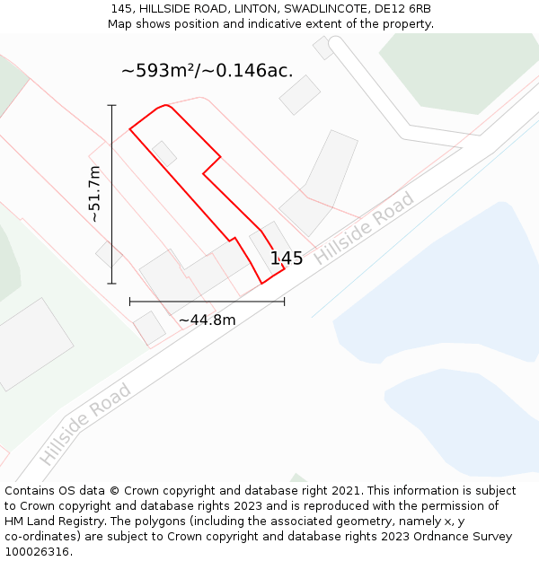 145, HILLSIDE ROAD, LINTON, SWADLINCOTE, DE12 6RB: Plot and title map