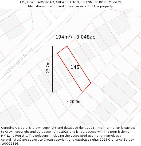 145, HOPE FARM ROAD, GREAT SUTTON, ELLESMERE PORT, CH66 2TJ: Plot and title map