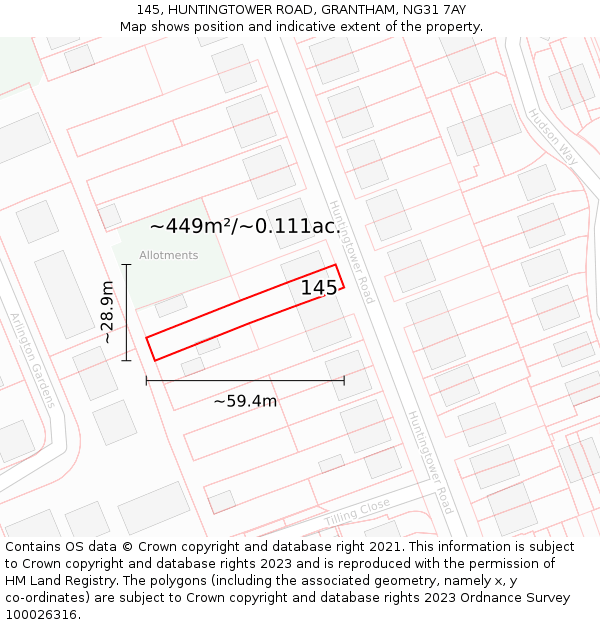 145, HUNTINGTOWER ROAD, GRANTHAM, NG31 7AY: Plot and title map