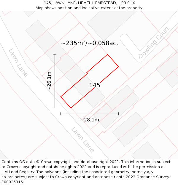 145, LAWN LANE, HEMEL HEMPSTEAD, HP3 9HX: Plot and title map